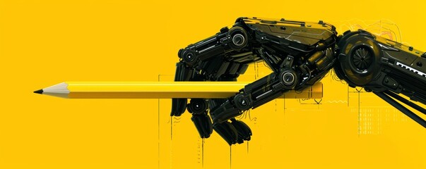 Poster - Robotic arm holding a pencil on yellow background. Futuristic technology and automation concept