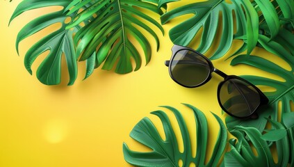 sunglasses with tropical leaves on a yellow and green background, banner design Generative AI