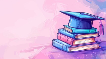 Wall Mural - Horizontal banner. Sketch. Graduation cap and books on the light pink background. Education concept. Celebrating of graduation, university, institute, school. Free space for text