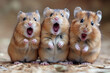 © Silga - Meme with three cute screaming hamsters, mouths open as if surprised, nestled together on a nature background. a sense of warmth and cuteness, perfect for memes, cartoons, and humorous captions