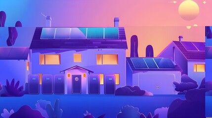 wide banner design of a infographic diagram for battery packs alternative electric clean energy storage system at smart home with solar panels roof as backup or sustainable energy concepts 