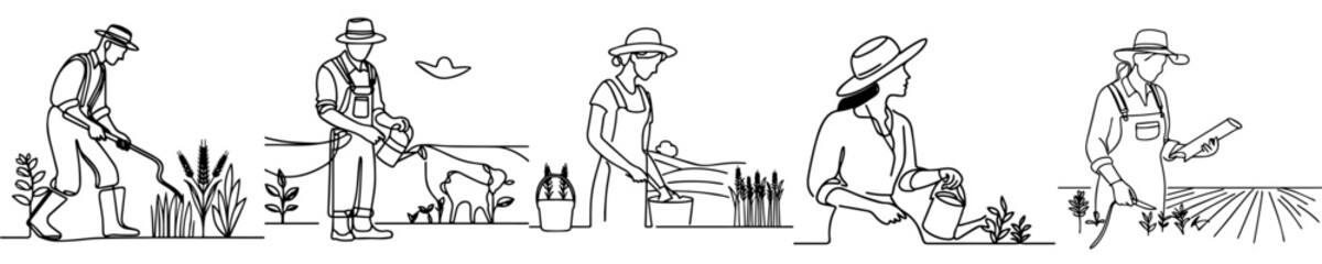 Wall Mural - vector set of continuous line drawings of farmers