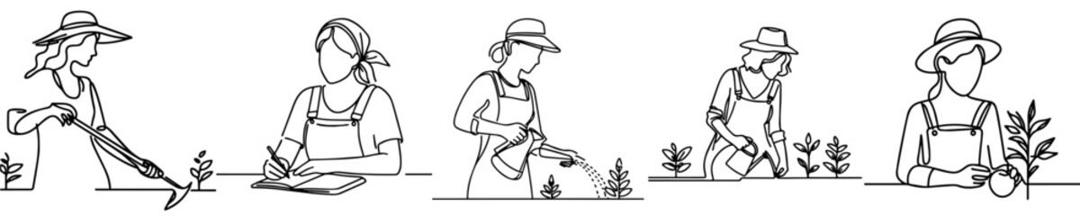 Poster - vector set of continuous line drawings of farmers