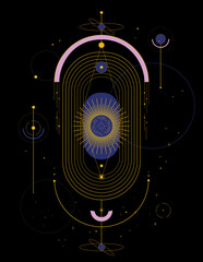 Wall Mural - Composition of esoteric, occult, alchemical and boho symbols on a black background. Magic poster with sun, moon and stars. 