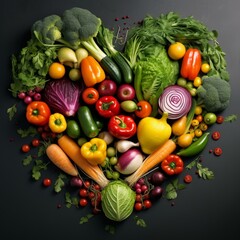 Wall Mural - A heart made of vegetables and fruits. The heart is made of broccoli, carrots, apples, and oranges