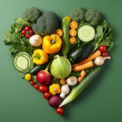 Wall Mural - A heart made of vegetables and fruits. The heart is made of broccoli, carrots, apples, and oranges