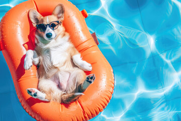 Wall Mural - Corgi dog relaxes on a yellow inflatable ring in a pool, donning sunglasses and savouring the summer bliss. Aerial perspective, copy space. Illustration of vacation and summer holidays.