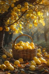 Wall Mural - harvesting in the apple orchard. a basket with large yellow apples. fruit picking season.