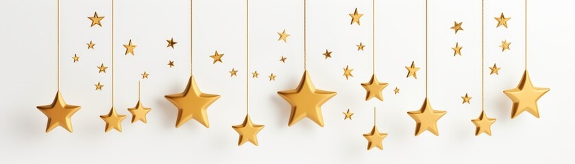 Wall Mural - A gold and white star and moon decoration hanging from the ceiling. The stars are scattered throughout the decoration, with some hanging closer to the center and others further away