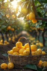 Wall Mural - basket of selected lemons stands on the ground in a citrus orchard.