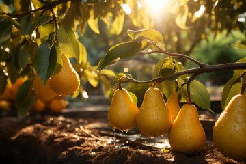Wall Mural - stunningly beautiful garden with pear trees at dawn in the golden hour. abundance of ripe large fruits on the branches. yellow pears. harvesting.