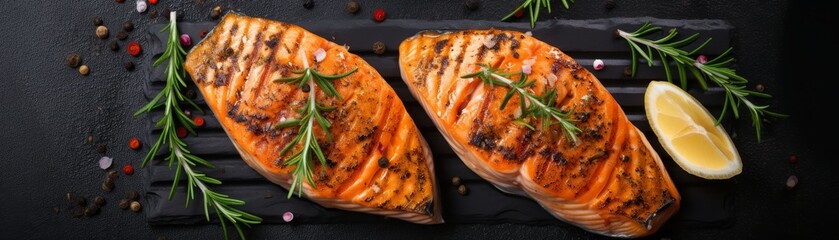 Canvas Print - Three pieces of grilled salmon with herbs and spices on a black plate