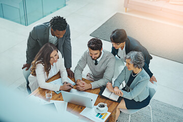 Fototapete - Business meeting, laptop and brainstorming in office for project, schedule and people with charts. Technology, teamwork and global collaboration in conference room for webinar or online workshop