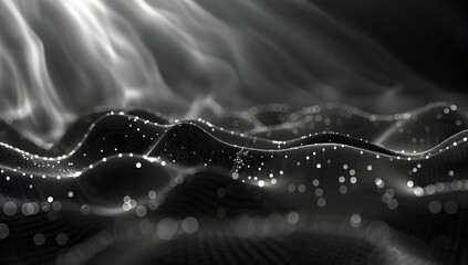Wall Mural - Abstract background with white dots and waves on black, 3D rendering of glowing abstract landscape
