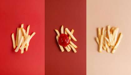 Wall Mural - Collage of tasty french fries with ketchup and mayonnaise on col