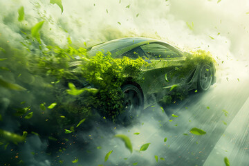 EEco-concept of the idea of environmentally friendly transport. A green car, partly composed of plants and foliage, moves, leaving behind a cloud of leaf smoke without polluting the environment.