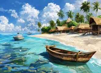 Wall Mural - Beautiful tropical island with white sandy beaches and palm trees, small wooden boats in the water, motorboats moored on the beach at the left side of the frame