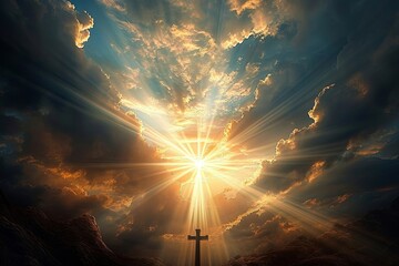 God light in heaven symbolizing divine presence, truth, spiritual illumination, God love and grace. Cross-shaped light beams blessing world with heavenly, Generative AI