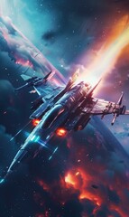 Wall Mural - futuristic air space fighter jet, military fiction aircraft taking combat, fantastic army jet, sci-fi cosmos wars concept