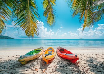 Colorful kayaks on the beach in Thailand, a tropical island with palm trees and a clear blue sky background.