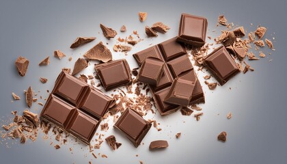 Wall Mural - levitating milk chocolate chunks isolated on white background dark chocolate piece explosion shavings and cocoa crumbs top view flat lay