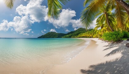 Wall Mural - tropical island paradise sea beach ocean water green coconut palm tree leaves sand sun blue sky cloud beautiful nature panorama landscape caribbean maldives thailand summer holidays vacation