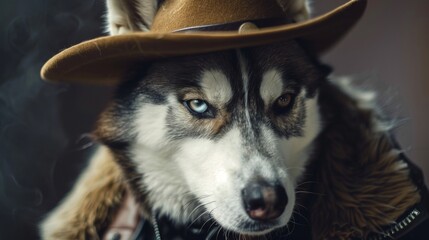 Sticker - Portrait of a Husky dog wearing cowboy hat