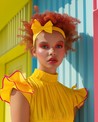 Fashion woman in yellow dress and yellow bow headband 