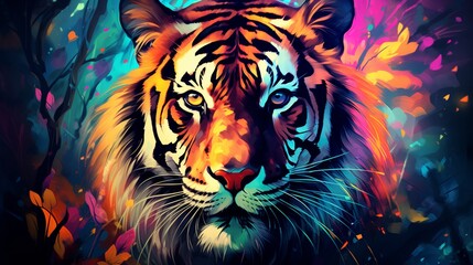 Wall Mural - Portrait of tiger. Bright multicolored illustration. Neon tiger on a dark background. Colorful animal face