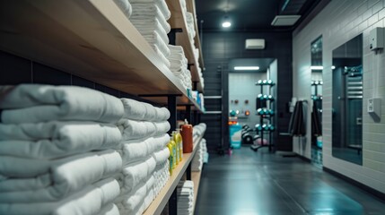 A row of wooden shelves in a modern gym are filled with stacks of fresh white towels.