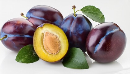 Wall Mural - fresh plums with green leaves still life of ripe fruits plum isolated on white background