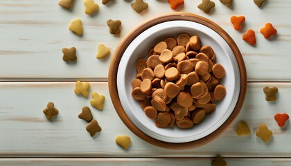 Wall Mural - dry dog pet food in bowl on white wooden background top view pet feeding concept backgrounds with copy space photograph taken from above