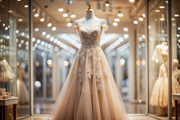 Beautiful elegant beige wedding dress on mannequin in bridal shop boutique salon. Interior of luxury wedding shop with bridal dresses. Selective focus