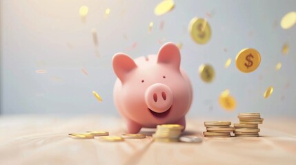 Pink piggy bank with coin flying in air on table