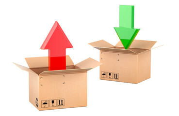 Wall Mural - Sending and receiving the parcel, concept. Cardboard boxes with incoming green arrow and outgoing red arrow, 3D rendering isolated on transparent background