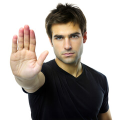 Wall Mural - man holding up hand in stop gesture