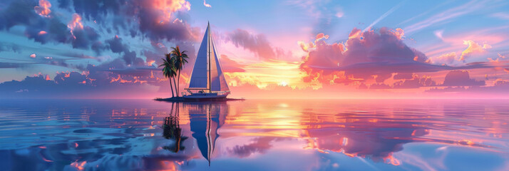Poster - Sailing boat in sea with sunset