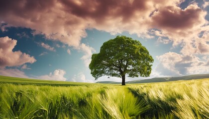 Wall Mural - field with a tree surrounded by grass under a cloudy sky