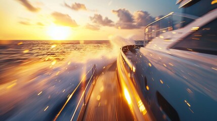 Poster - Luxury yacht moving fast in sea water at sunset with colorful sky.