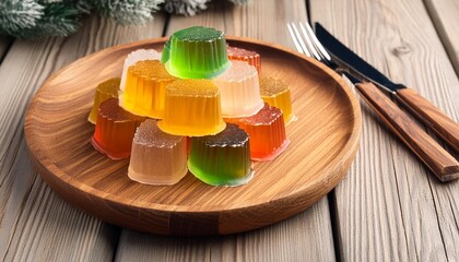 Wall Mural - candied fruit jelly on a wooden plate with spoon fork and knife