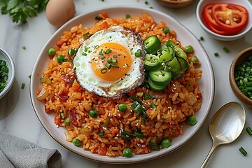 Wall Mural - A plate of rice with an egg on top and a spoon next to it