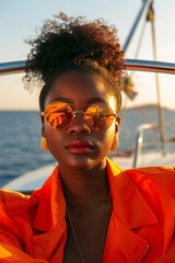 Wall Mural - Fashion portrait of a female Africa-American model on yacht in sea.