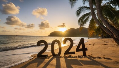 happy new year 2024 concept lettering on the beach sand of exotic caribbean island beautiful sea sunrise with palm trees