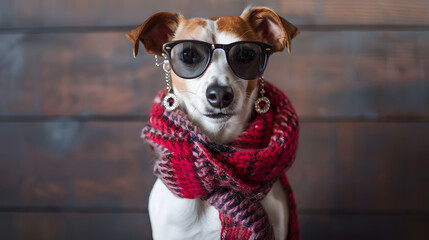 Wall Mural - A photo of an dog wearing sunglasses and earrings. dressed in a fashionable red patterned scarf around its neck 