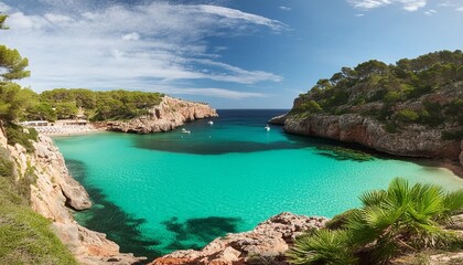 Wall Mural - turquoise waters at font de sa cala beach in mallorca are surrounded by rugged rocks and lush green scenery