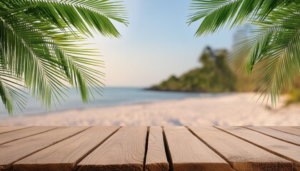 Wall Mural - empty wooden planks with blur beach on background can be used for product placement palm leaves on foreground