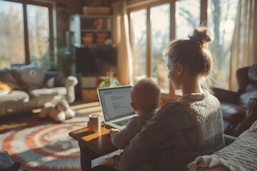 mother sitting at a desk in the living room with a child on her lap, working from home on a laptop.