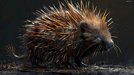 Wall Mural - A realistic fantasy representation of a livid and sullied bristly porcupine with sharp spines. 
