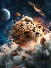 An imaginative depiction of a large cookie styled as a planet with space-themed elements and celestial bodies in the background