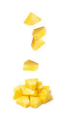 Poster - Pineapple Cuts Isolated, Raw Ananas Pieces, Comosus Tropical Fruit Chunks, Ripe Pine Apple Slices on White